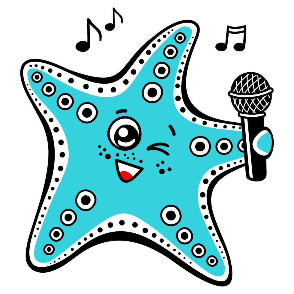 mignonne dessin animé étoile de mer un clin d'oeil avec microphone. content souriant océan animal. vecteur illustration isolé sur blanc Contexte.