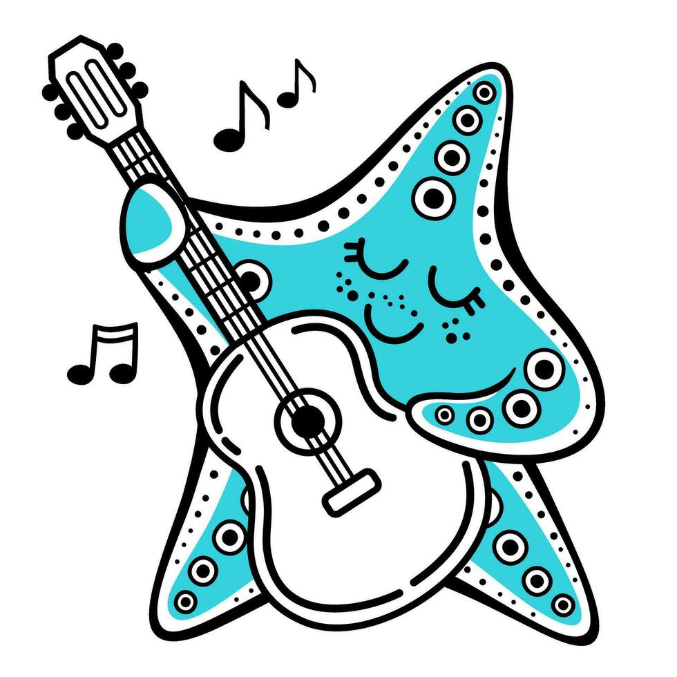 mignonne dessin animé étoile de mer en jouant le guitare. marrant souriant mer animal. vecteur illustration isolé sur blanc Contexte.