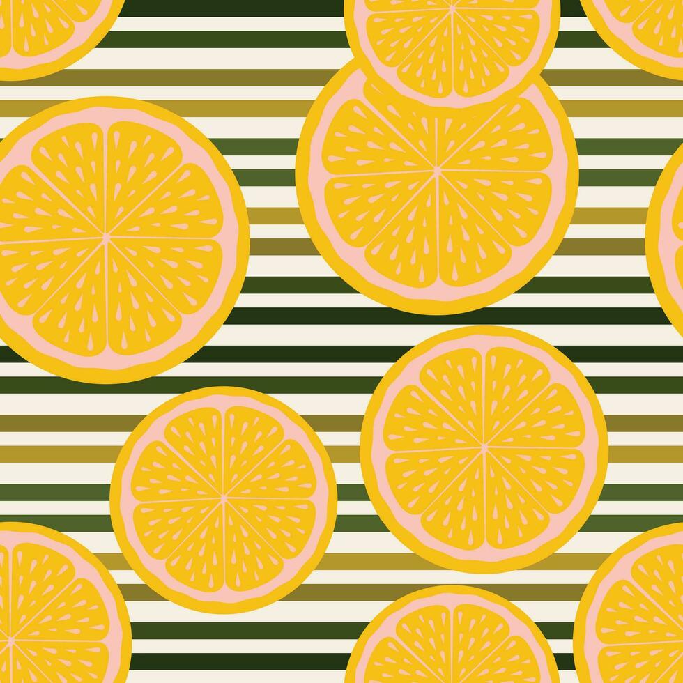 tranches de orange. rond citron tranches créer une fruité sans couture modèle avec une rayé vert Contexte pour moderne textile. été vibrations. vecteur. vecteur