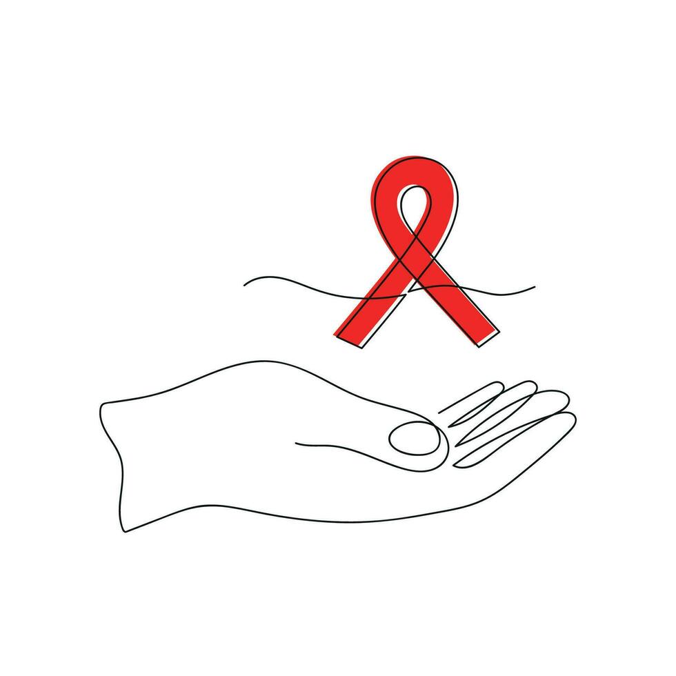 rouge ruban dans main tiré dans un continu doubler. monde sida journée. un ligne dessin, minimalisme. vecteur illustration.