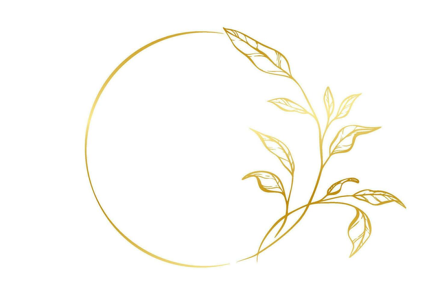 botanique d'or cercle Cadre. main tiré rond ligne frontière, feuilles et fleurs, mariage invitation et cartes, logo conception et affiches modèle. élégant minimal style floral vecteur isolé ensemble