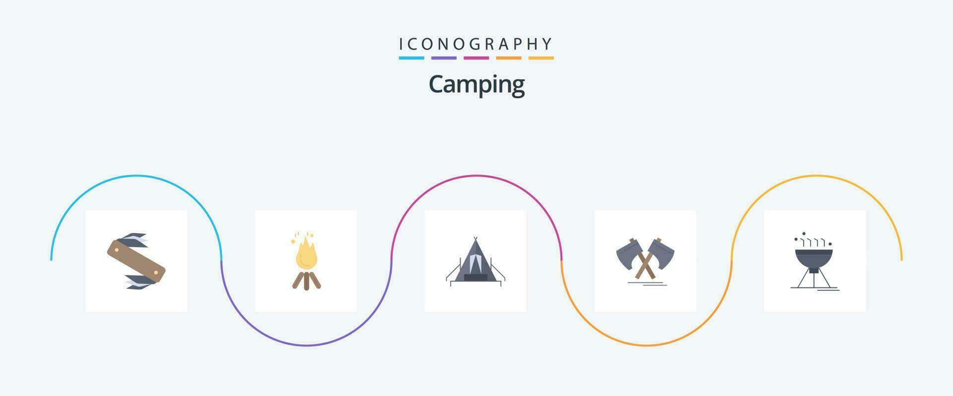 camping plat 5 icône pack comprenant hache. Extérieur. camping. site de camp. camping vecteur