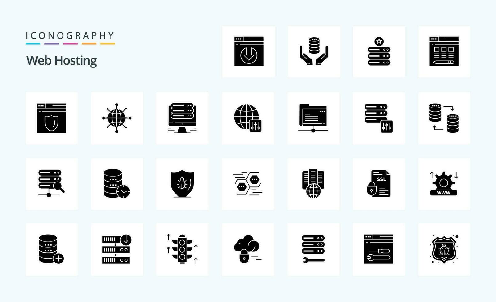 25 pack d'icônes de glyphe solide d'hébergement Web vecteur