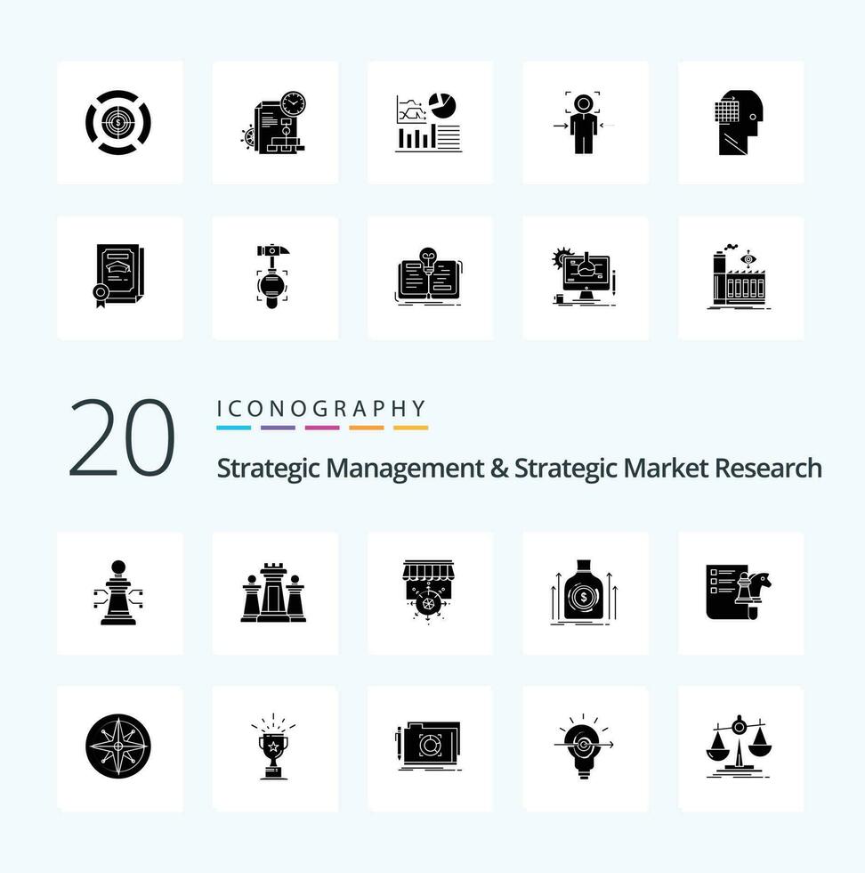 20 stratégique la gestion et stratégique marché recherche solide glyphe icône pack comme prêt dollar La technologie argent affaires vecteur