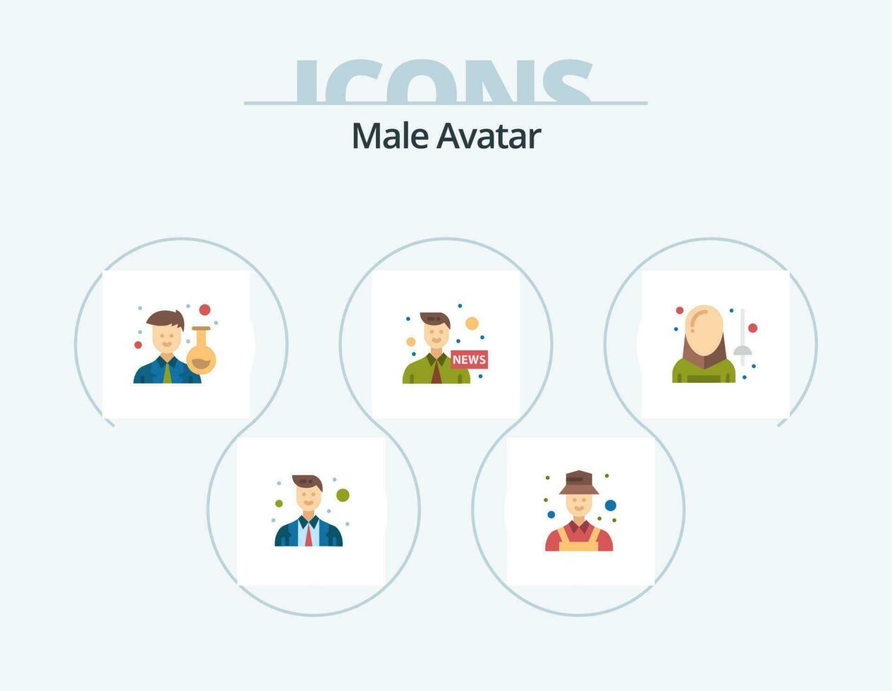 Masculin avatar plat icône pack 5 icône conception. avatar. nouvelles. scientifique. médias. ancre vecteur