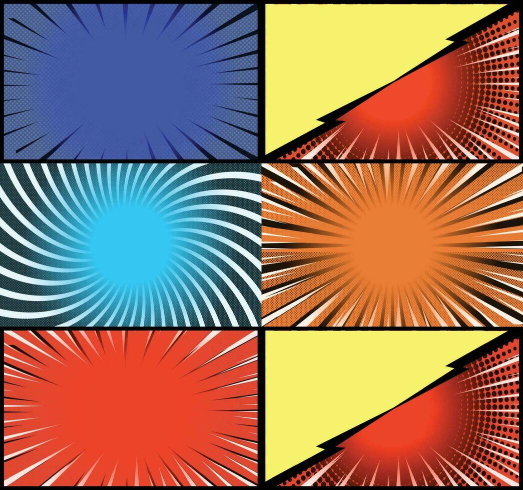 fond de cadres colorés de bande dessinée avec des rayons de demi-teintes effets radiaux et pointillés style pop art vecteur