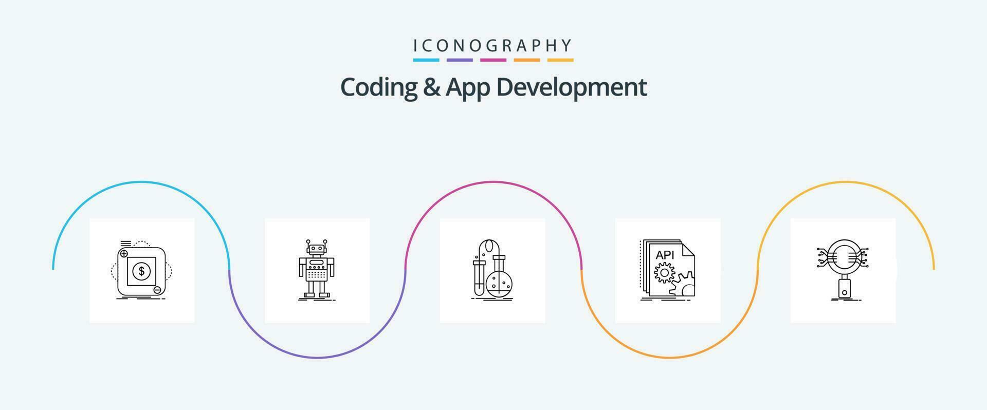 codage et app développement ligne 5 icône pack comprenant application. robot. science. ballon vecteur