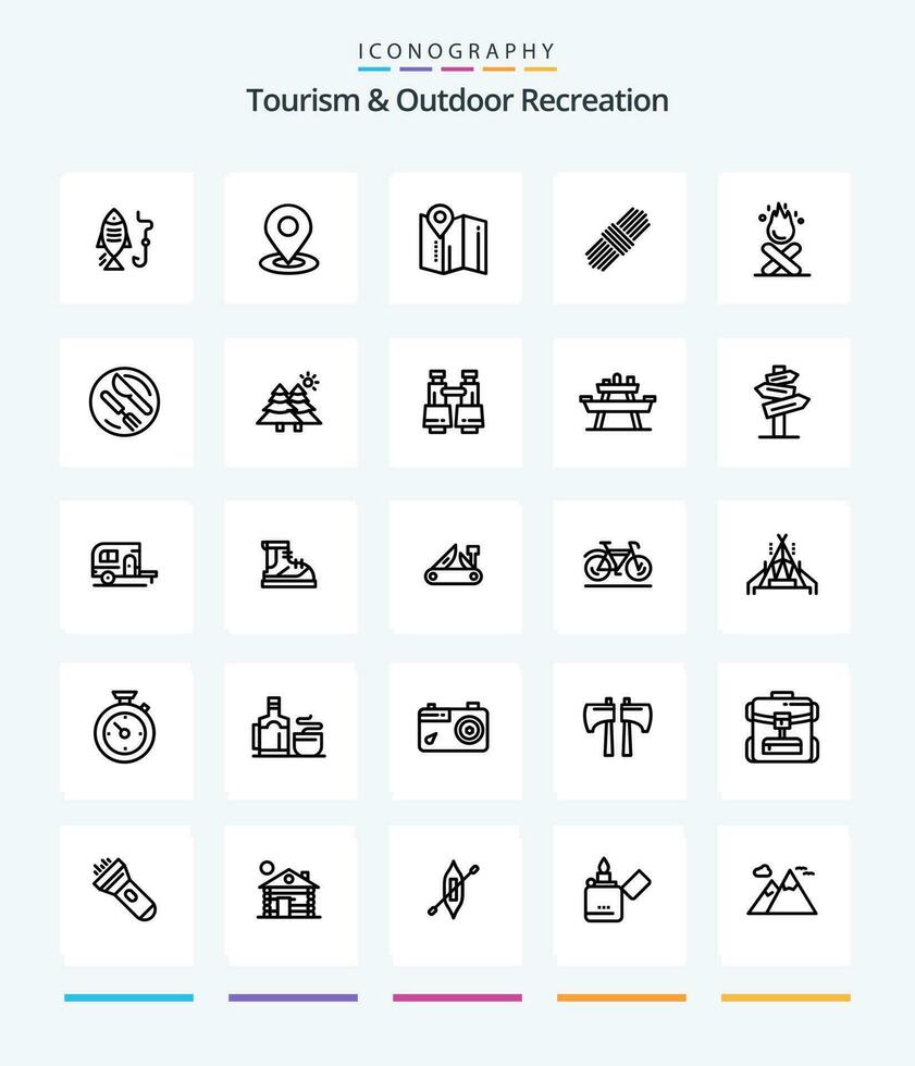 Créatif tourisme et Extérieur des loisirs 25 contour icône pack tel comme cuillère. déjeuner. corde. Feu. feu de camp vecteur
