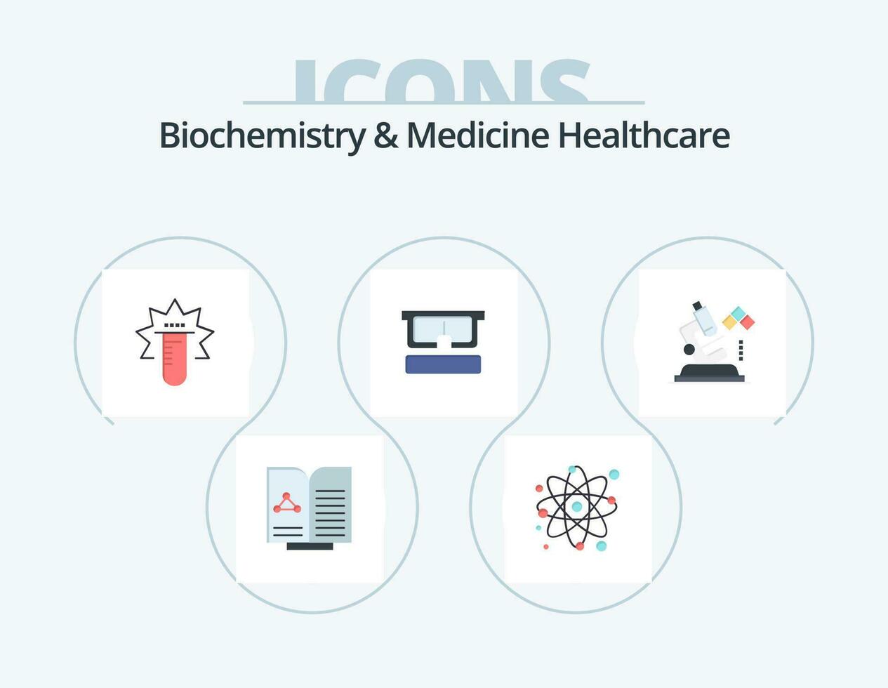 biochimie et médicament soins de santé plat icône pack 5 icône conception. science . œil. tube. médical. virtuel vecteur