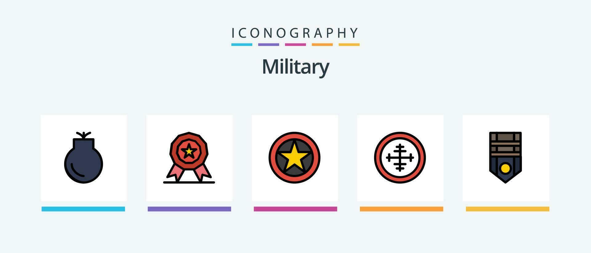 militaire ligne rempli 5 icône pack comprenant soldat. militaire. armée. badge. cible. Créatif Icônes conception vecteur