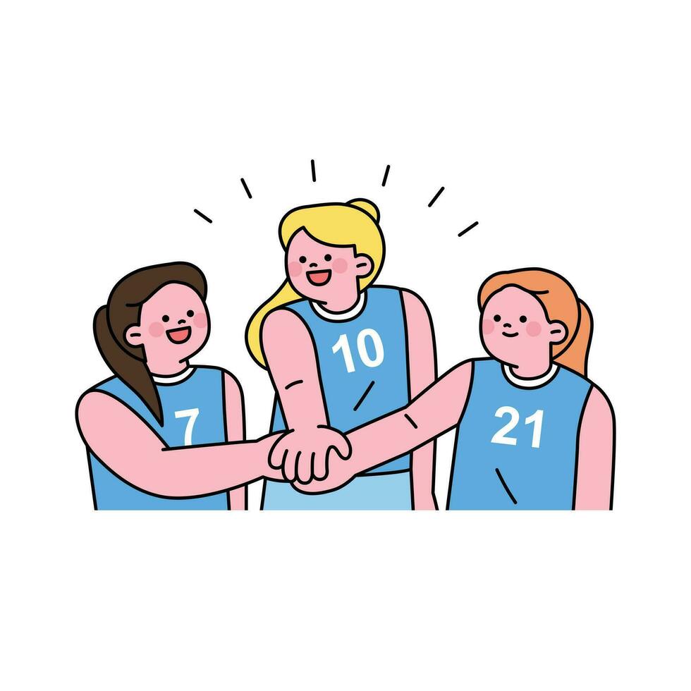 le aux femmes volley-ball équipe est en mettant leur mains ensemble et applaudissement aller équipe. contour Facile vecteur illustration.