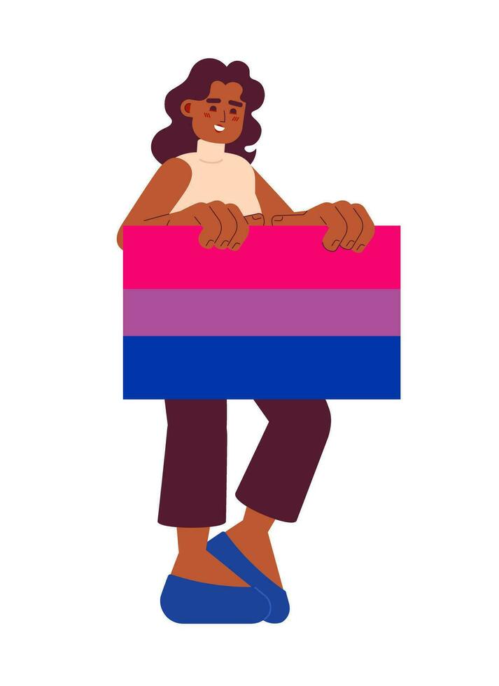 africain américain femme avec bisexuel fierté drapeau semi plat Couleur vecteur personnage. modifiable plein corps femme manifestation pour égal droits sur blanche. Facile dessin animé place illustration pour la toile graphique conception