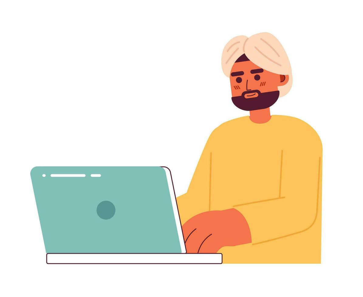 brunette Indien homme avec foncé barbe dans turban semi plat Couleur vecteur personnage. modifiable moitié corps Bureau ouvrier sur blanche. Facile dessin animé place illustration pour la toile graphique conception