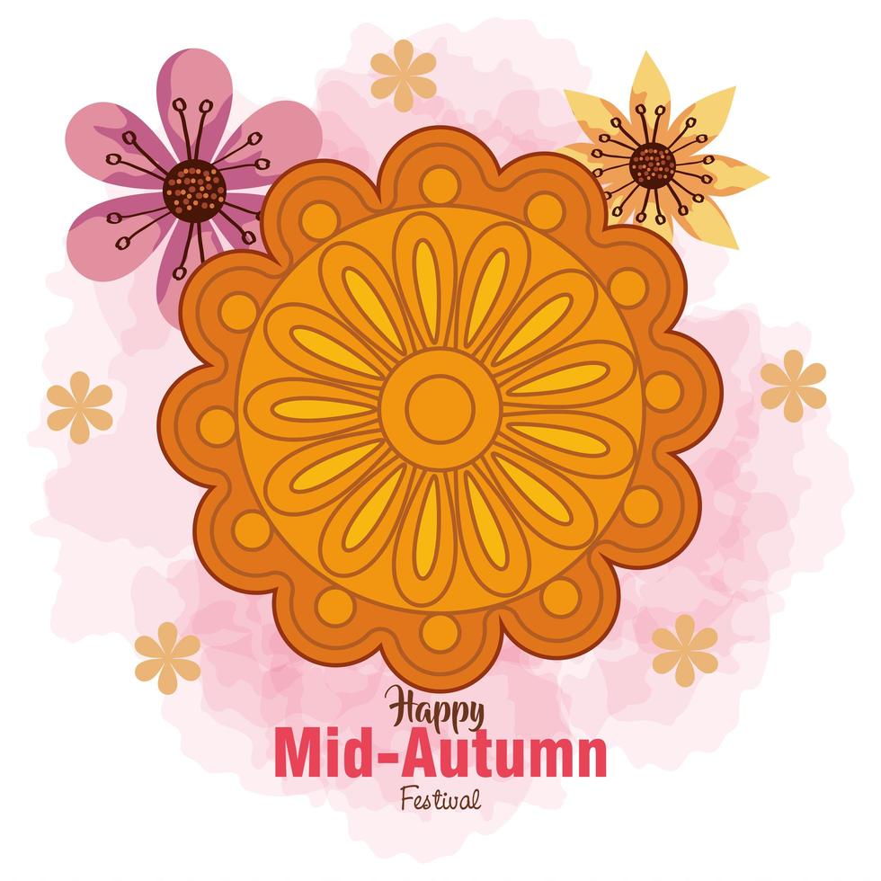 festival chinois de la mi-automne avec décoration de gâteau de lune et de fleurs vecteur