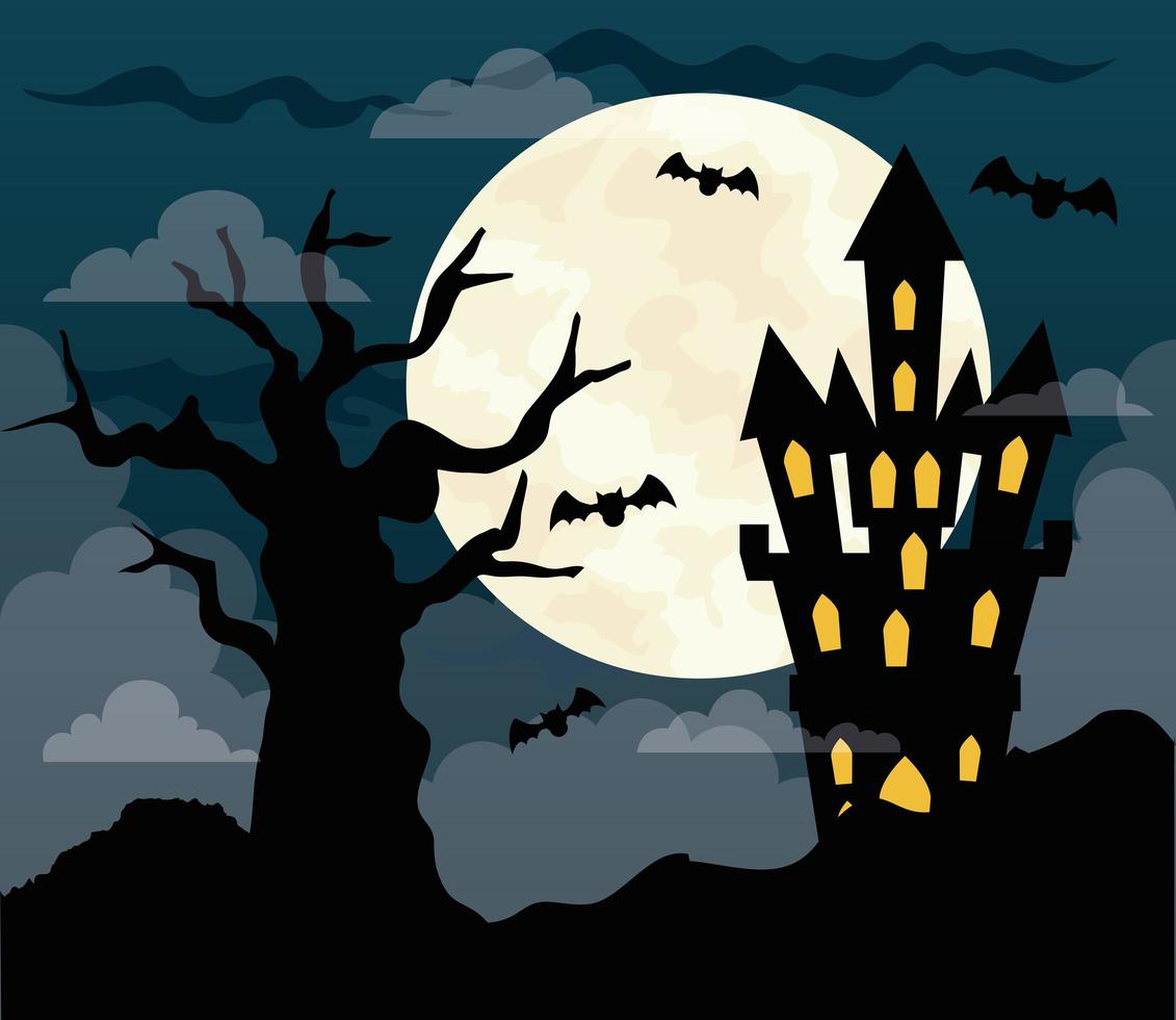 joyeux fond d'halloween avec château hanté, arbre sec et pleine lune dans la nuit noire vecteur