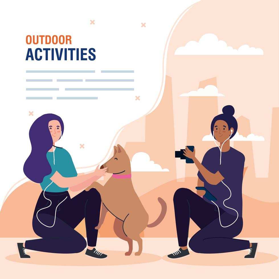 bannière, femmes effectuant des activités de loisirs en plein air, femme photographe prenant une photo à une femme avec un chien animal de compagnie vecteur
