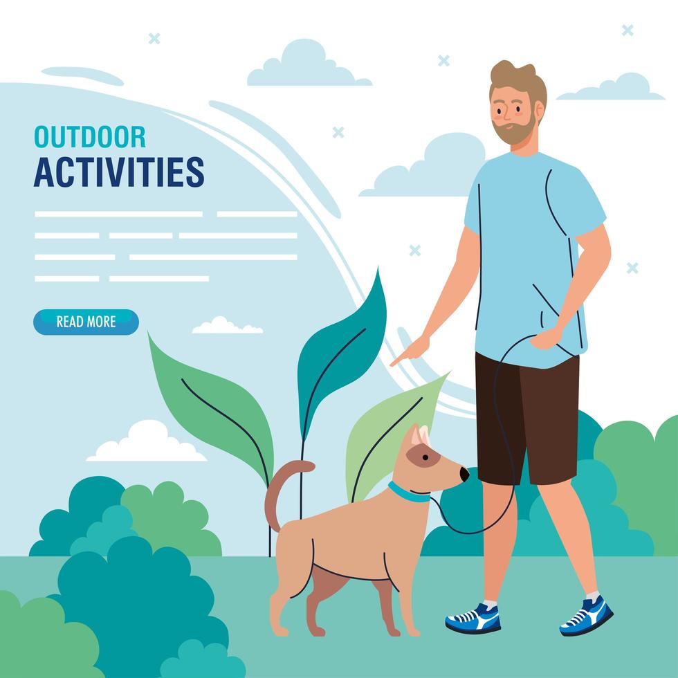 bannière, homme effectuant des activités de plein air de loisirs, homme en promenade avec un chien vecteur