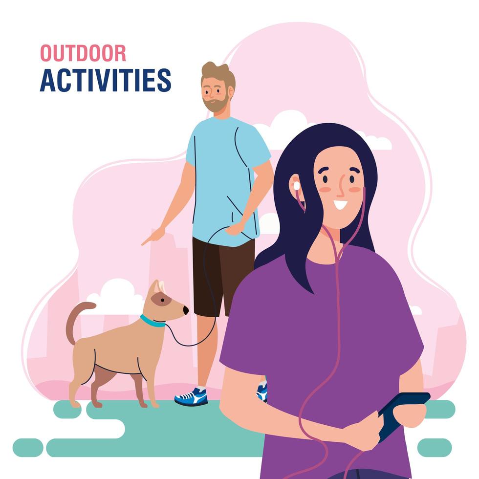 bannière, couple effectuant des activités de plein air de loisirs, marcher avec des chiens et utiliser des écouteurs et un smartphone vecteur