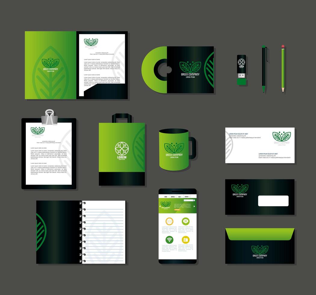 maquette de marque d'identité d'entreprise, maquette verte d'icônes de smartphone et d'entreprise, signe d'entreprise verte vecteur