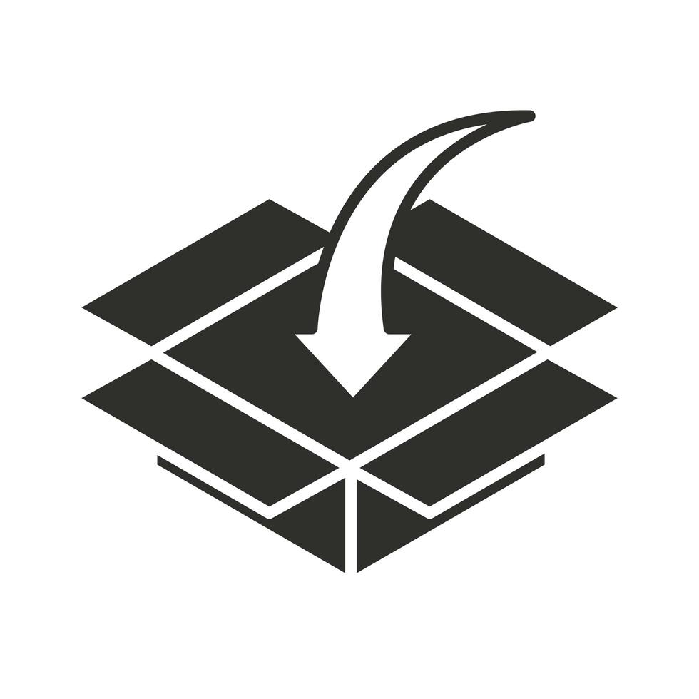 icône de silhouette de flèche de téléchargement de carton de livraison vecteur