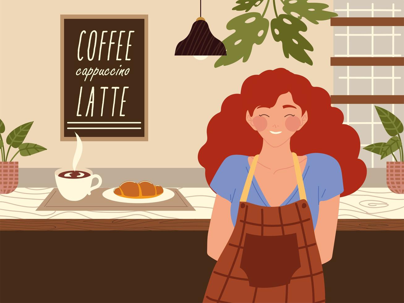 barista femme souriante en tablier avec café chaud et croissant sur le comptoir du café vecteur