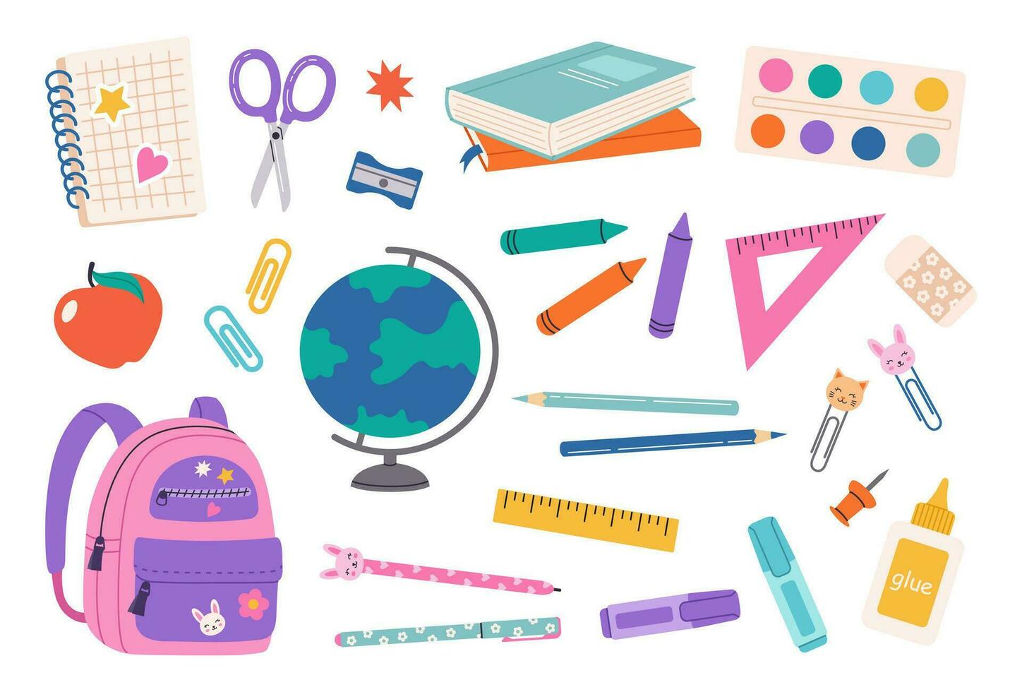 ensemble de école fournitures. retour à école. vecteur main tiré illustration dans une plat dessin animé style. mignonne école autocollants. divers accessoires pour étude, étudiant équipement.