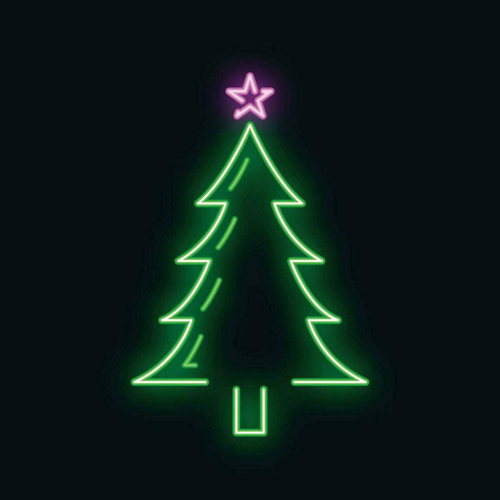 concept content Nouveau année, joyeux Noël arbre icône, néon lueur Noël étiquette vacances hiver temps plat vecteur illustration, isolé sur blanche.