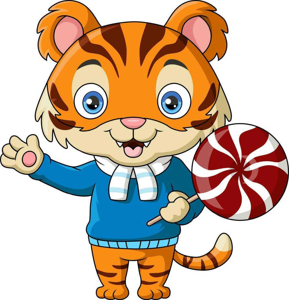 mignonne tigre dessin animé en portant une bonbons vecteur