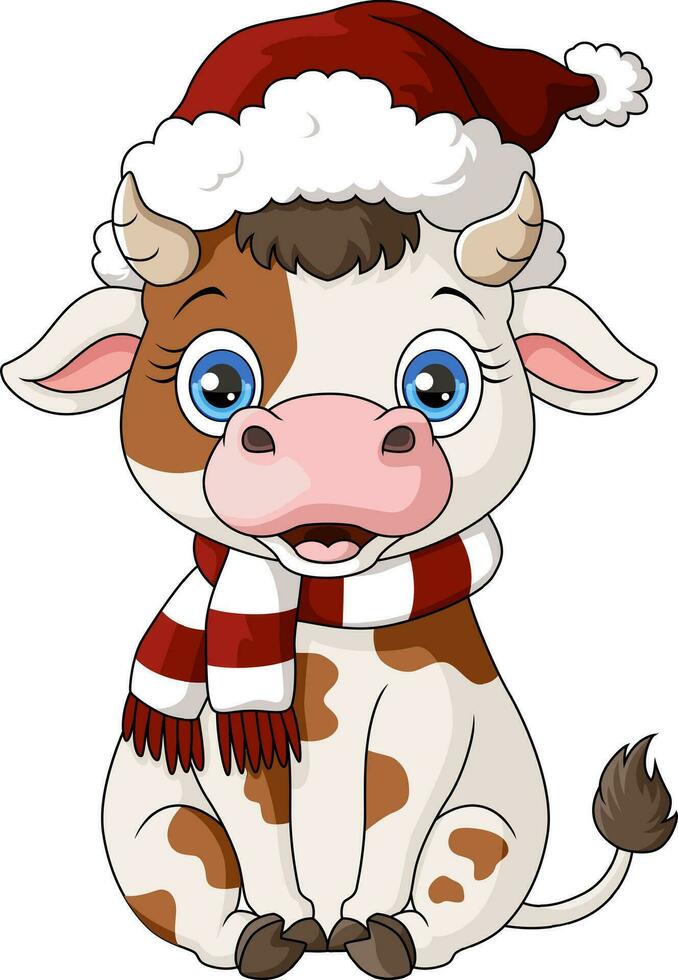 mignonne vache dessin animé portant Père Noël chapeau vecteur