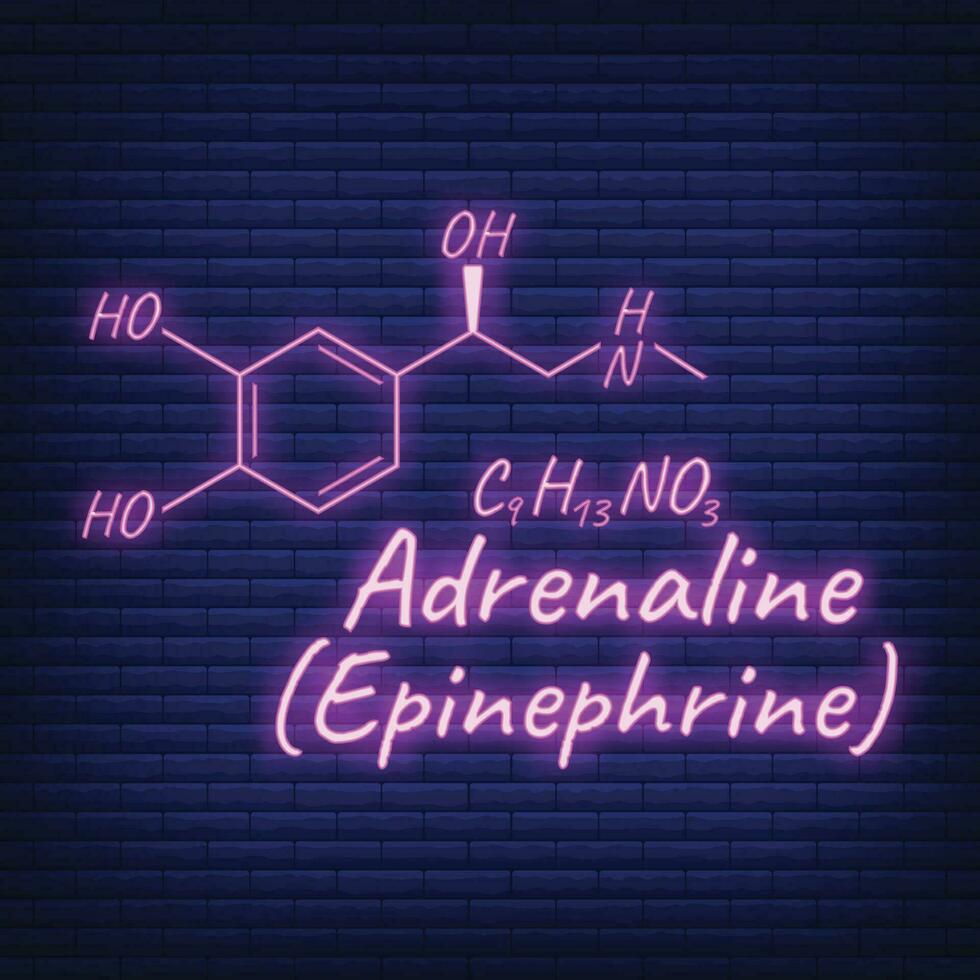 Humain hormone adrénaline, épinéphrine élément concept chimique squelettique formule icône étiqueter, texte néon lueur vecteur illustration, isolé sur noir.