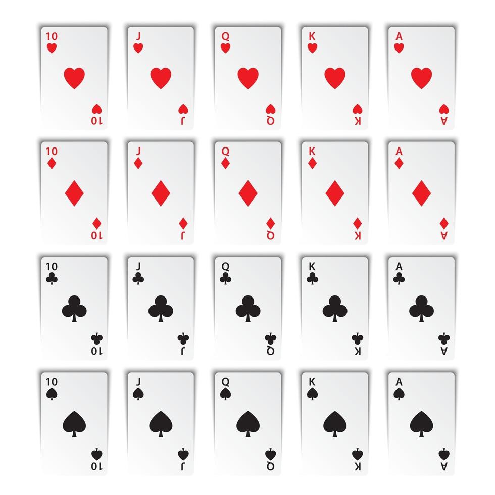 ensemble de quintes royales isolées sur fond blanc, coeurs, trèfle, carreau et pique, cartes à jouer de casino vecteur