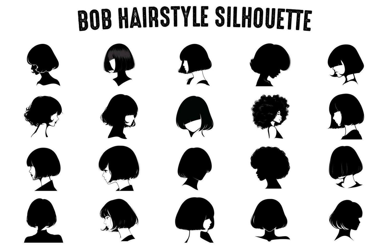 bob cheveux silhouettes vecteur ensemble, les filles coiffures silhouettes, aux femmes cheveux silhouette collection, cheveux noir silhouettes illustration