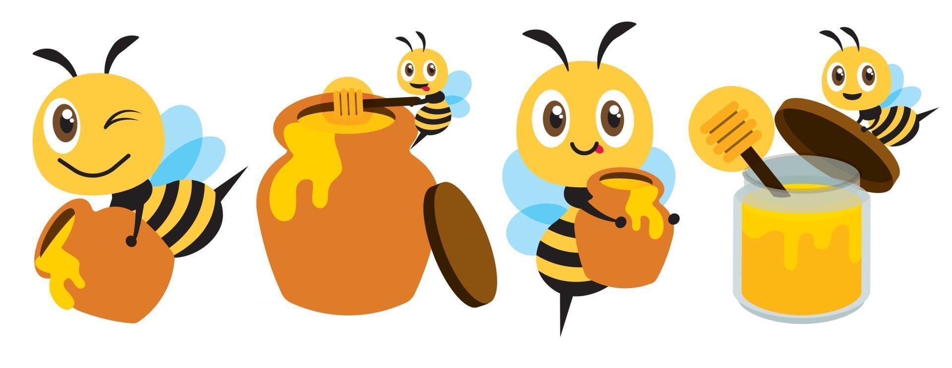 design plat d'abeille portant un pot de miel et un ensemble de mascotte de bouteille de miel vecteur