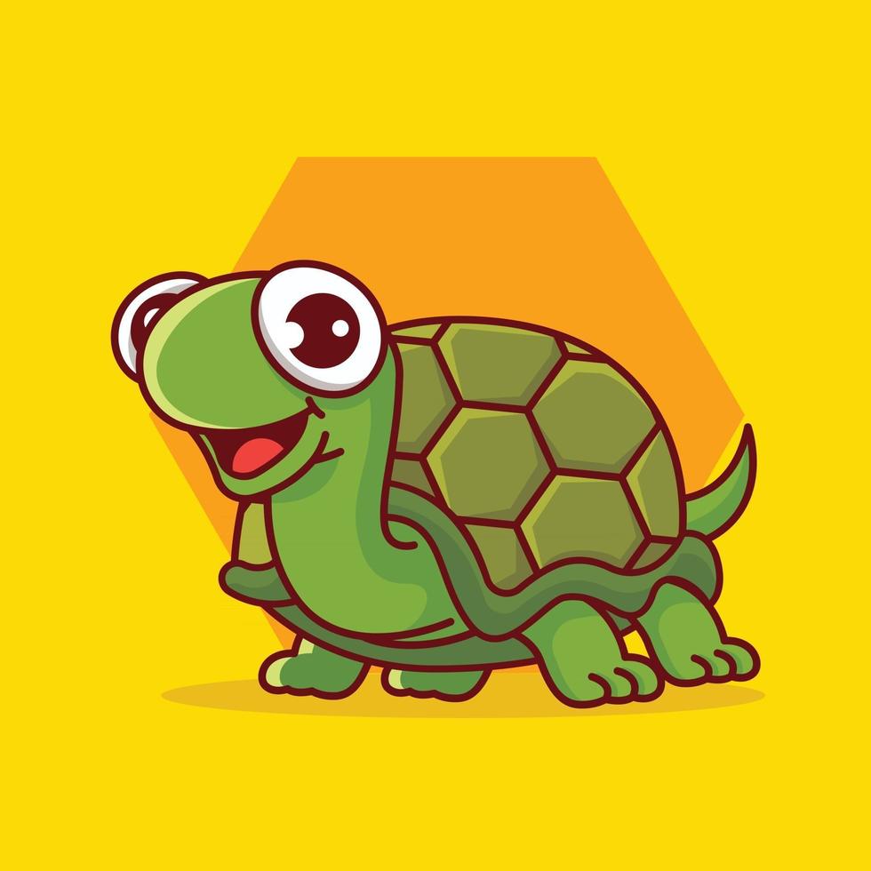 dessin animé mignon tortue souriante rampant sur fond hexagonal vecteur