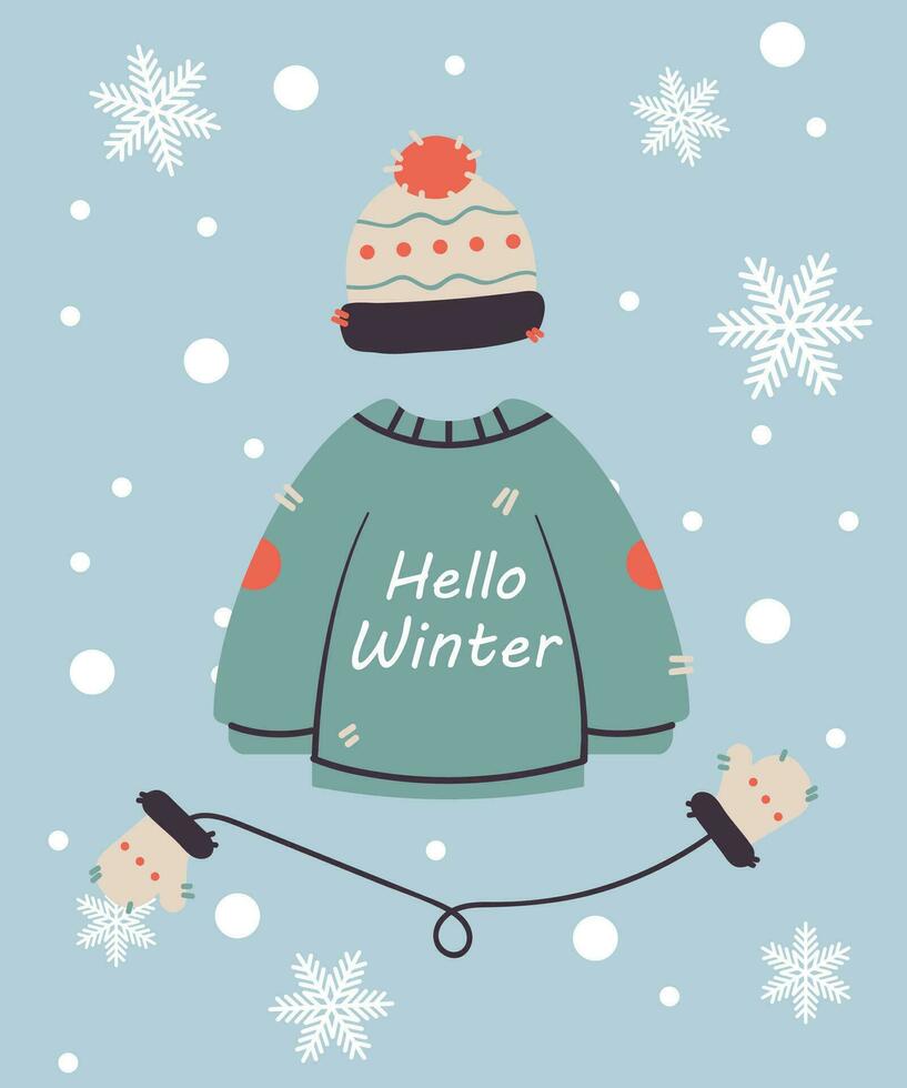 Bonjour hiver texte. hiver vêtements avec un une inscription sur le Contexte de flocons de neige. vecteur illustration