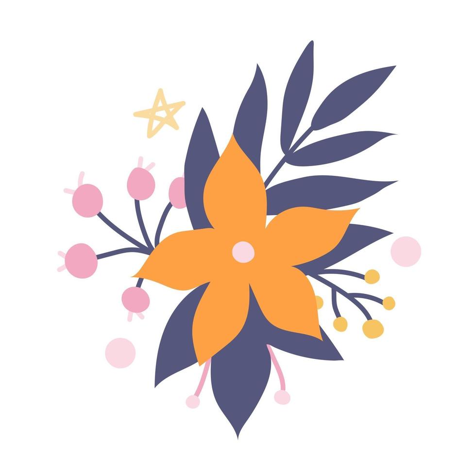 belle fleur orange mignonne avec des éléments végétaux décoratifs. image vectorielle dans un style plat. décor floral pour invitations, cartes postales, autocollants vecteur