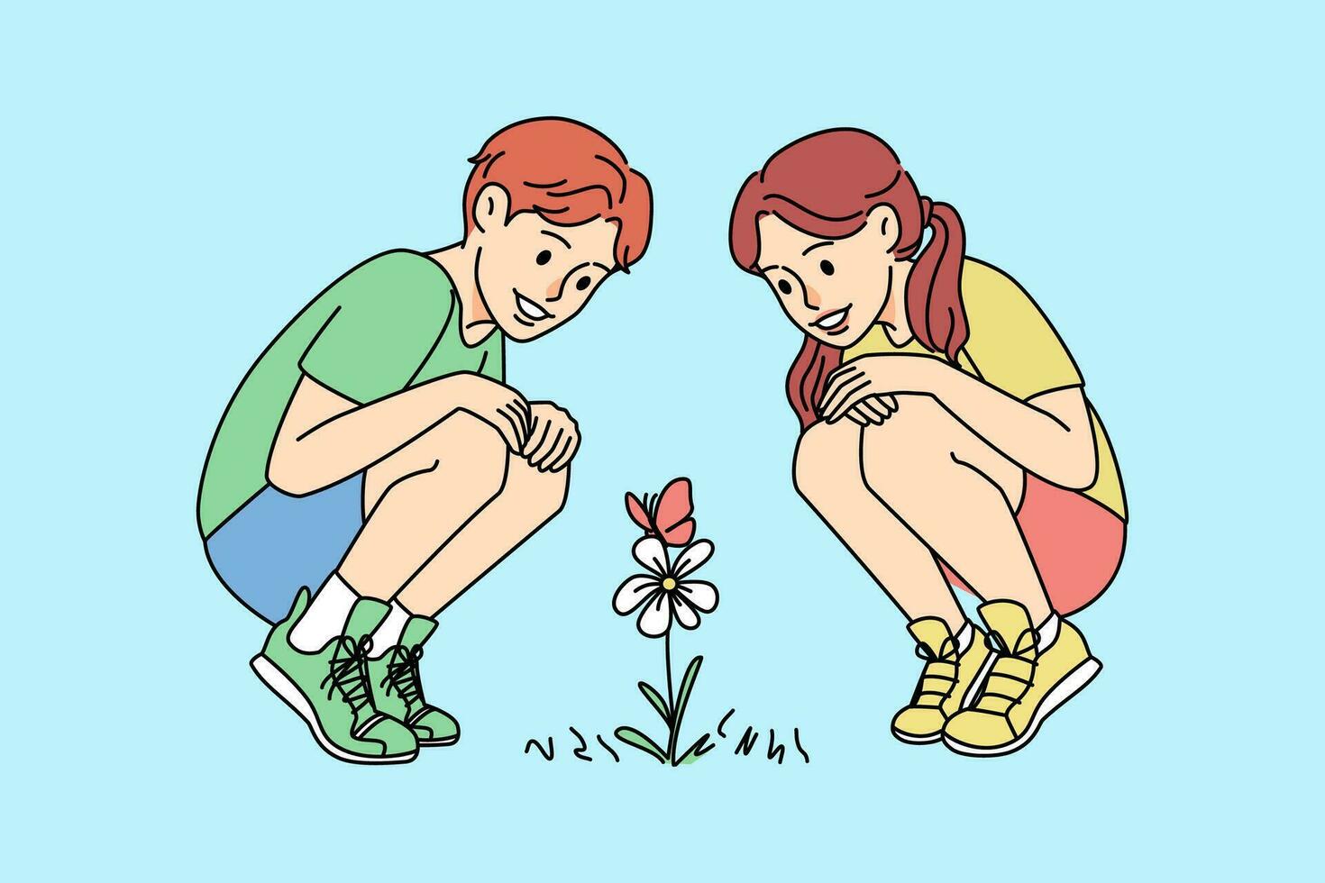 content les enfants à la recherche à fleur intéressé dans botanique. souriant fille et garçon prendre plaisir la nature. Jeune biologistes concept. vecteur illustration.