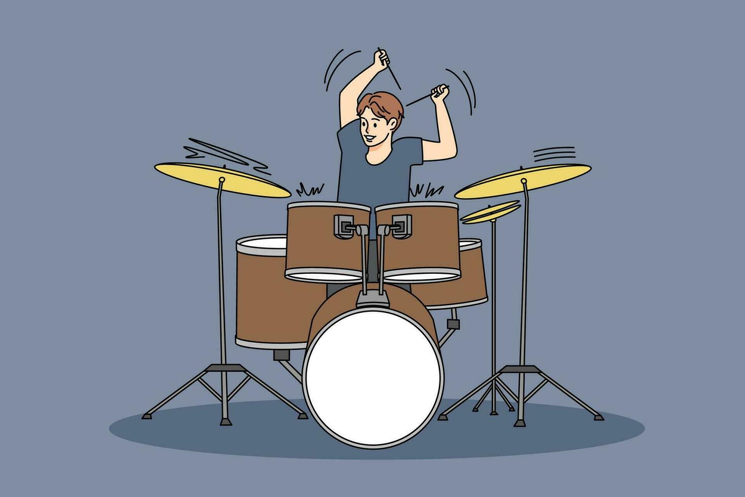 excité Jeune homme en jouant sur tambours ensemble. content Masculin le batteur ou musicien avec des bâtons un d cymbales. loisir et la musique divertissement concept. vecteur illustration.