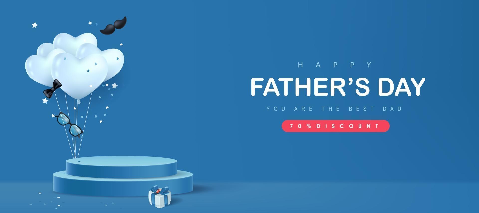 carte de fête des pères avec forme cylindrique d'affichage du produit et boîte-cadeau pour papa sur fond bleu vecteur