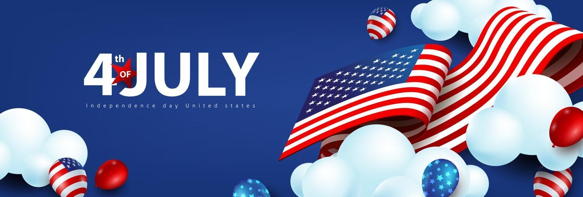 bannière de célébration de la fête de l'indépendance des états-unis avec des ballons américains et le drapeau des états-unis. vecteur