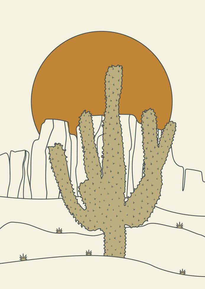 linéaire dessin animé désert avec saguaro paysage affiche illustration vecteur