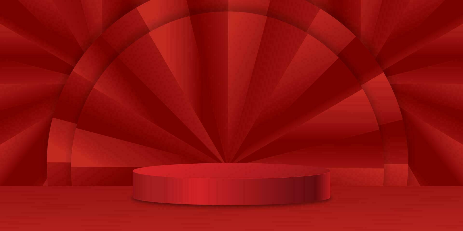 content chinois Nouveau année bannière modèle, 3d podium cylindre avec rouge papier Couper ventilateur sur mur arrière-plan, vecteur studio toile de fond scène, affichage cercle étape supporter pour noël, milieu l'automne Festival