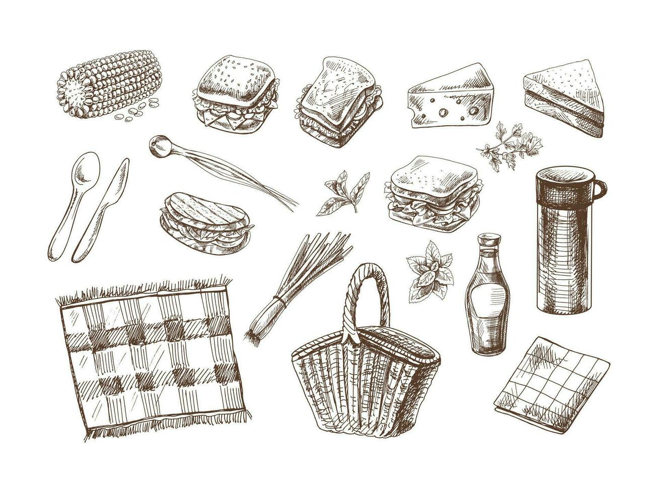 une ensemble de dessiné à la main croquis de barbecue et pique-nique éléments. pour le conception de le menu de Restaurants et les cafés, grillé aliments. griffonnage ancien illustration. gravé image. vecteur