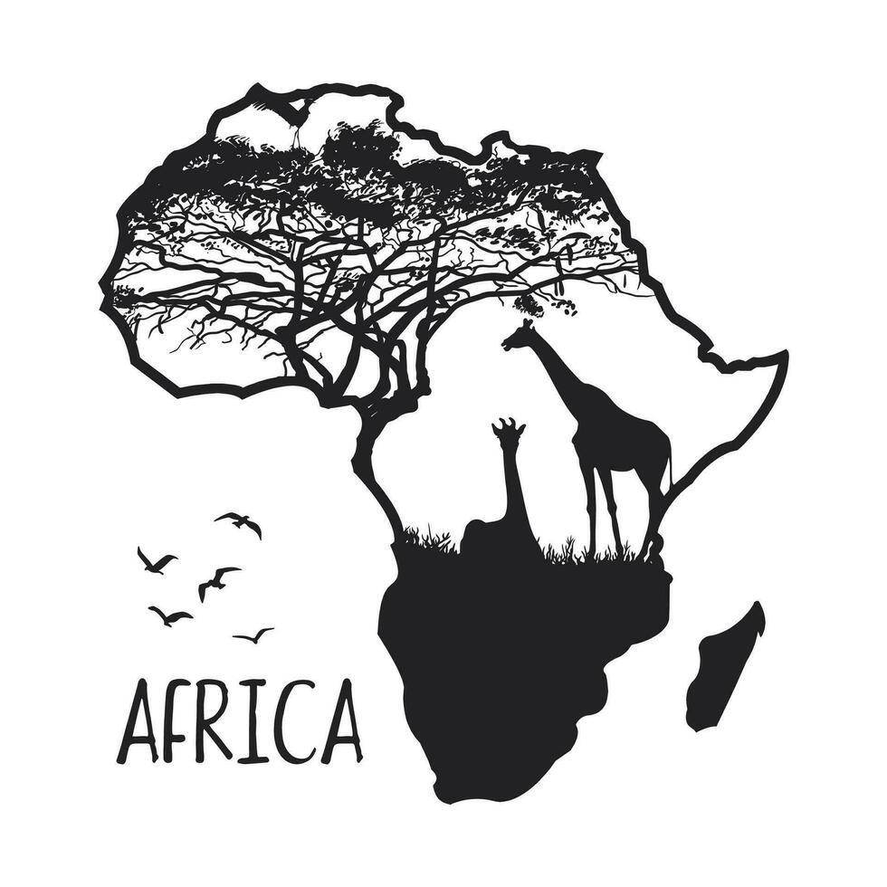 Afrique carte silhouette avec illustration de forêt et animaux. vecteur ligne art