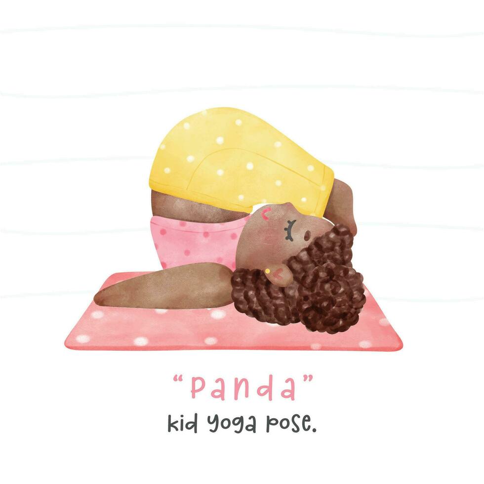 mignonne espiègle enfant Faire yoga Panda ou charrue pose dans pastel aquarelle capricieux dessin animé illustration. une charmant main tiré dessin animé de une enfant pratiquant yoga des exercices. vecteur