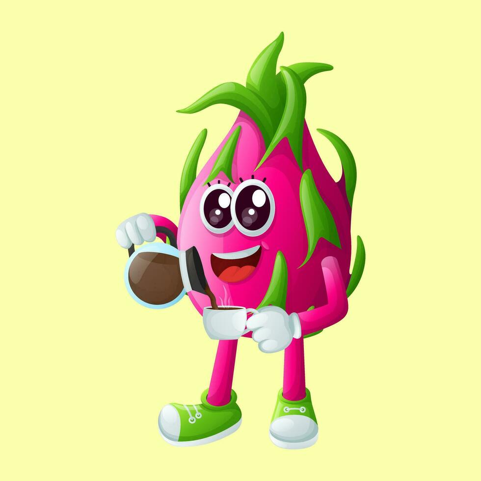 mignonne dragon fruit personnage verser café vecteur