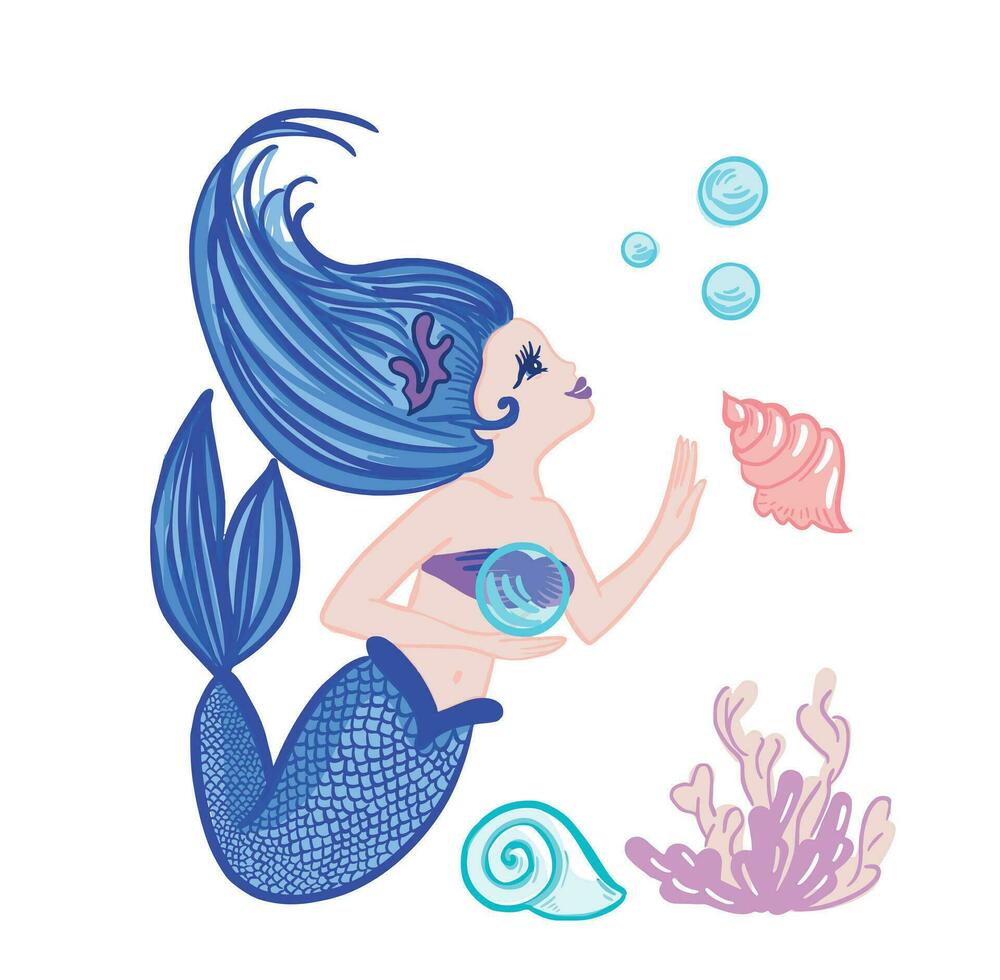 puéril illustration de une mignonne Sirène Princesse vecteur