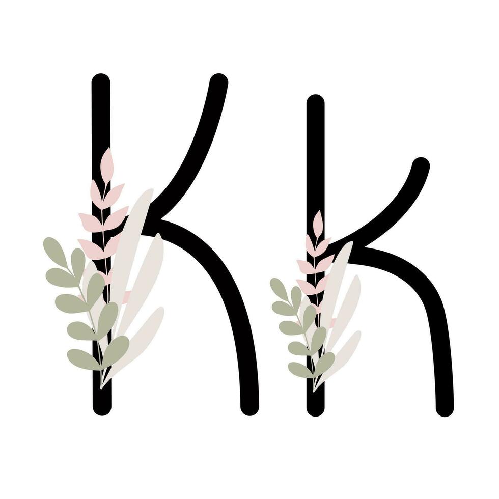 lettre k de Anglais, Latin alphabet majuscule, minuscule décoré avec fleurs, floral monogramme vecteur illustration dans Facile boho style, plat pastel coloré décoratif caractères