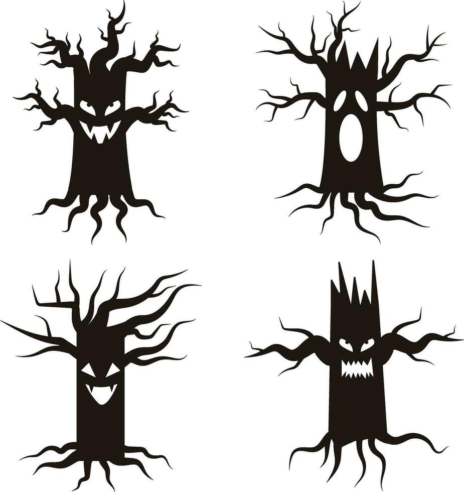 Halloween arbre effrayant. noir des arbres silhouette sur blanc Contexte vecteur