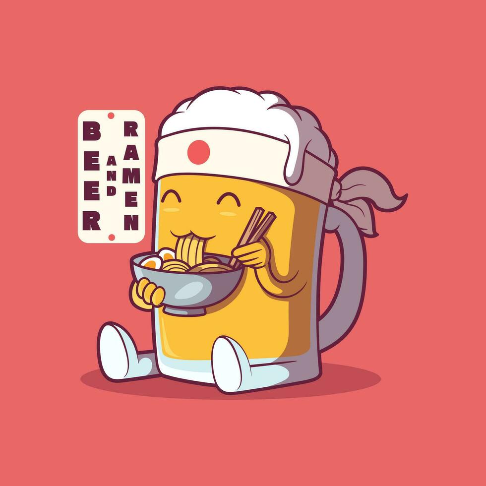 Bière personnage en mangeant une ramen bol vecteur illustration. nourriture, boissons, marque conception concept.
